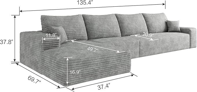 135" Corduroy Couch Sectional with Chaise, L Shape Boneless Cloud Couches for Living Room Bedroom, Modular Corner Couch, Fluffy Deep Seat Compression Sofa, Left Facing Chaise, No Assembly, Grey