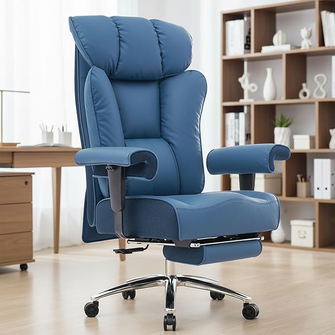 Efomao Big and Tall Office Chair 400lbs - Heavy Duty Executive Desk Chair with Foot Rest & 23" Wide Seat - High Back Ergonomic Leather Computer Chair for Heavy People, Home Office, Blue