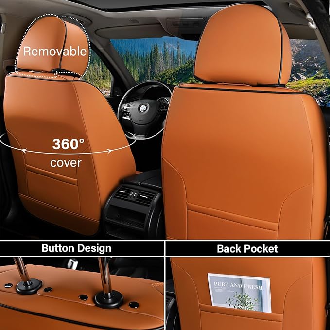Coverado Car Seat Covers Front Seats, 2 Piece Car Seat Protector with Removable Headrest, Nappa Leather Breathable Front Seat Cushion Side All Wrapped Universal Fit Truck Automotive Most Cars Brown
