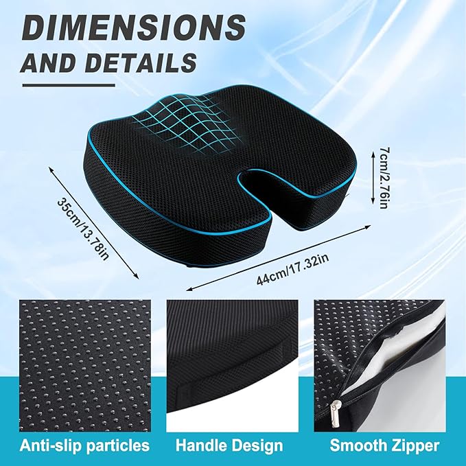 Memory Foam Seat Cushion for Sciatica & Tailbone Pain Relief – Ergonomic Office Chair Cushion, Coccyx Cushion for Tailbone Pain, Sciatica Pain Relief Pillow for Office, Car