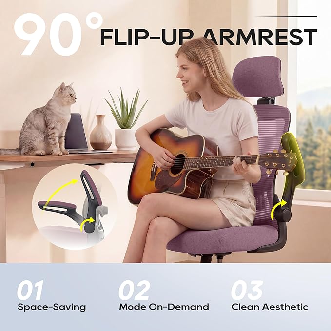 Office Chair, Ergonomic Mesh Desk Chair with Adjustable Lumbar Support and Headrest, Flip-up Armrests, High Back Computer Task Chair for Home and Executive Office (B-LPurple)