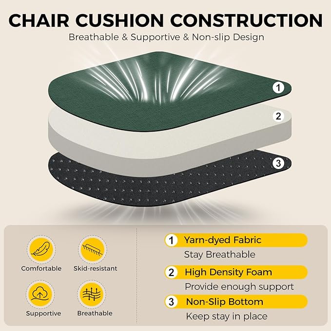 downluxe Indoor Chair Cushions for Dining Chairs, Soft and Comfortable Textured Memory Foam Kitchen Chair Pads with Ties and Non-Slip Backing, 16" x 16" x 2", Dark Green, 4 Pack