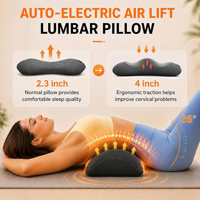 Cordless Lumbar Support Pillow for Pain Relief Deep Tissue, 3-in-1 Heated Lower Back Massager Pillow with 3000mAh Battery, Heat, Massage, Electric Stretch, Back Support Pillow for Office Chair Car
