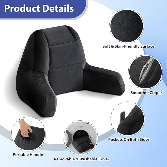 IASEAHK Reading Pillows for Sitting in Bed Adult, Back Pillow for Bed Sitting Up, Backrest Pillows with Shredded Foam for Adult&Teens, Support Pillow with Arms for Beds, Couch, Floor, 20in, Black