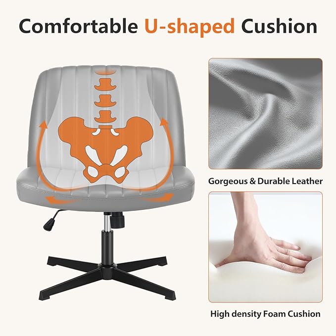 Sweetcrispy Criss Cross Chair Legged, PU Leather Armless Office Swivel Desk Chairs No Wheels, Vanity Height Adjustable Wide Seat Faux Leather Computer Task Chair for Home Bedroom, PU-Grey