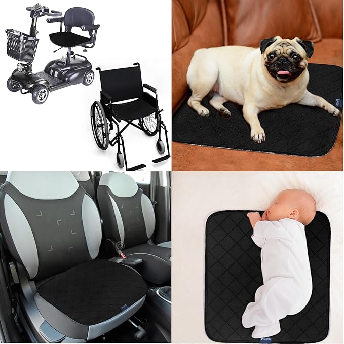 Waterproof Chair Pads for Incontinence 22" x 21", 2 Pack Non Slip Absorbent Wheelchair Reusable Seat Protector, Washable Seat Covers for Chairs, Black