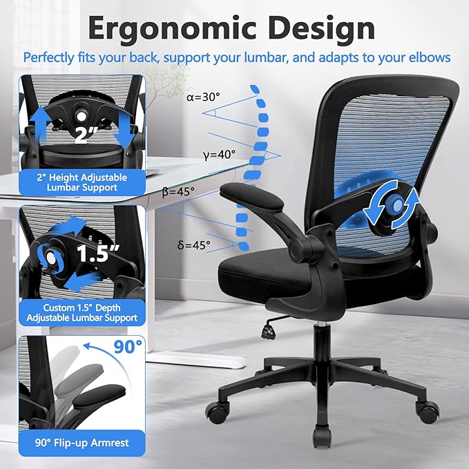 KLASIKA Desk Chairs with Wheels, Ergonomic Mesh Back Home Office Chair Adjustable Lumbar Support & Height Swivel Rolling Computer Task Chairs with Flip Up Armrests for Conference Meeting, Black, 14PK