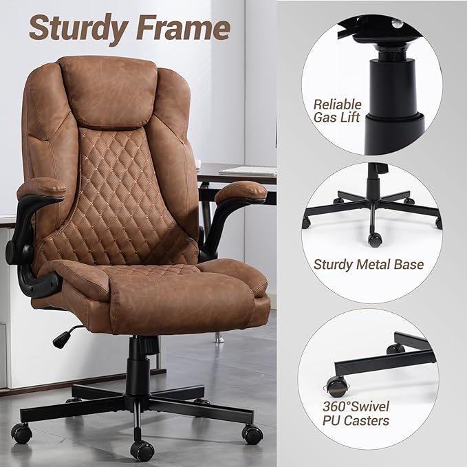 450 LBS Big and Tall Office Chair w/Flip Up Armrest, Comfy Heavy Duty Executive Chair, Extra Wide Seat Ergonomic Computer Home Office Desk Chair w/Rocking Function, Lumbar Support - Brown
