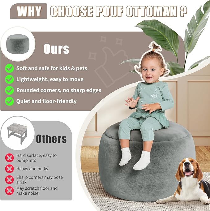 Round Stuffed Pouf Ottoman Foot Rest, Faux Fur Poufs with Memory Foam Filling, Ottomans for Living Room, Nursery, Dorm, Soft Foot Stool Ottoman for Couch, Perfect for Resting Your Feet (Grey, 20 Inch)