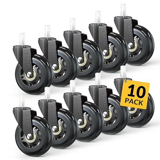 HOLKIE Office Chair Wheels Roller Blade Caster Replacement 11x22mm Black 3 Inch Desk for Office, Rubber Rolling Set of 10 for Hardwood Floors Gaming Chair Wheels Smooth & Silence Gliding