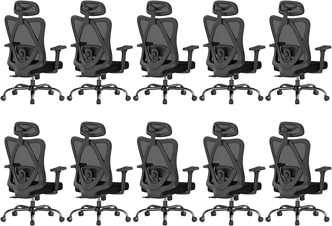Ergonomic Office Chair with Adjustable Lumbar Support, High Back Mesh Computer Desk Chairs with 3D Headrest and Armrest, Rocking Function, for Home, Office, 10PC, Black