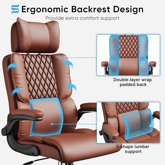 Sytas Ergonomic Office Chair with Adjustable Headrest, Executive Leather Desk Chair with Upgraded Lumbar Support for Lower Back Pain Relief, Thickened Backrest Computer Chair for Home Office, Brown