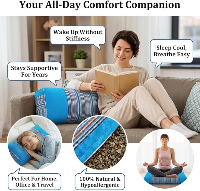 Adjustable Buckwheat Hull Pillow for Neck Pain Relief (21x8x4) Natural Cooling Cervical Support Camping Pillow for Side & Back Sleepers with Night Sweats (Blue)