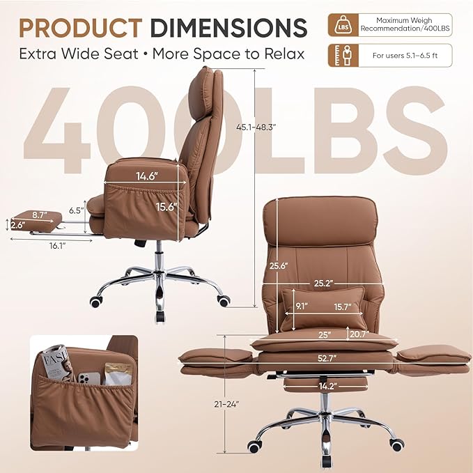 Big and Tall Office Chair with Flip Armrests, Cross Legged Office Chair with Storage Pockets, Comfortable Reclining Computer Chair with Foot Rest, Wide Home Office Desk Chair, Leather Brown