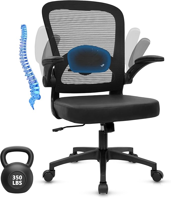 KLASIKA Desk Chairs with Wheels, Ergonomic Mesh Back PU Leather Seat Home Office Chair Adjustable Lumbar Support and Height Swivel Rolling Computer Task Chairs with Flip Up Arms for Conference, Black
