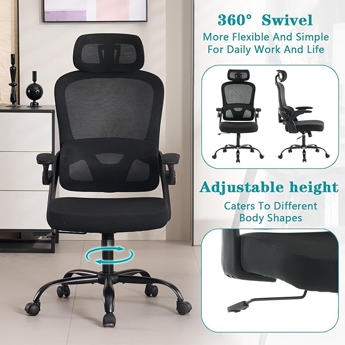 Ergonomic Mesh Office Chair, High Back Desk Chair with 3D Armrests, Up&Down Lumbar Support, Swivel Computer Task Chair with Adjustable 2D Headrest and Tilt Function(Black)