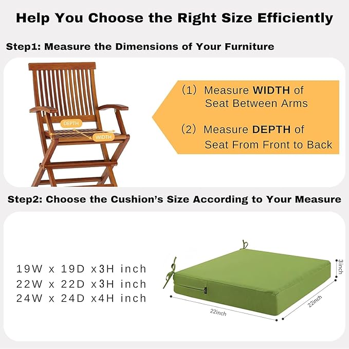 idee-home Outdoor Chair Cushions Set of 2, Waterproof Outdoor Seat Cushions for Patio Furniture, Outside Replacement Chair Pad with Ties for Lawn Deck Porch, 22 x 22 Green