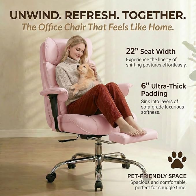 Efomao Big and Tall Office Chair 400lbs - Heavy Duty Reclining Desk Chair with Footrest, Spacious High Back PU Leather Executive Chair, Double-Layer Spring Support, Pink
