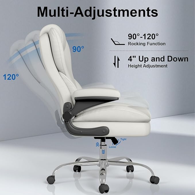 Office Chair, Home Desk Chair, Ergonomic Computer Chair with Lumbar Support, Executive Leather Chair with Flip-Up Armrests, Big and Tall Swivel Rolling Chair, White