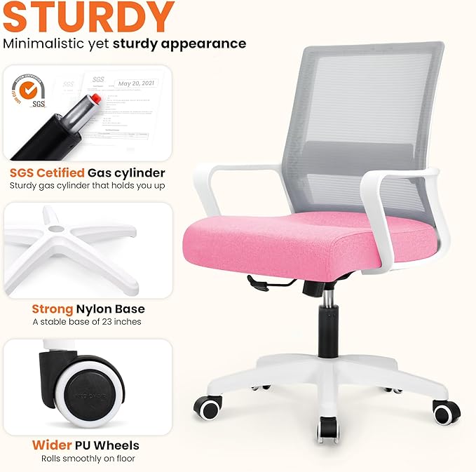 NEO CHAIR Office Desk Chair Gaming Computer Chair Ergonomic Mesh Mid Back with Rolling Wheels Lumbar Support Comfy Swivel Adjustable for Home (Pink)