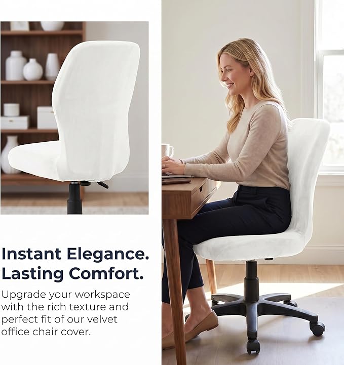 Deisy Dee Velvet Stretch Armless Office Chair Covers - Colorful Stretch Slipcover for Desk Chairs (Off White)