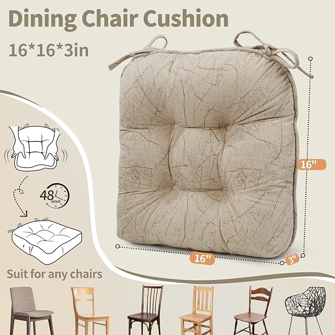 Marble Pattern 3" Chair Cushion for Dining Chair, Filling Bite-Size Memory Foam U-Shaped Seat Cushions for Kitchen Chairs, Non-Slip Indoor Chair Pad with Ties, Set of 4, Yellow