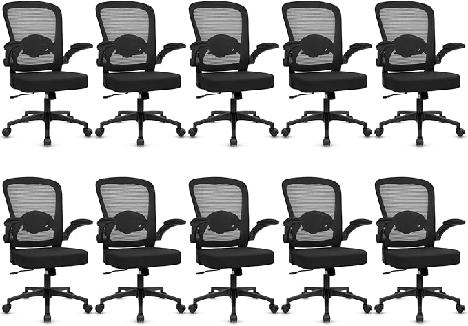 KLASIKA Desk Chairs with Wheels, Ergonomic Mesh Back Home Office Chair Adjustable Lumbar Support & Height Swivel Rolling Computer Task Chairs with Flip Up Armrests for Conference Meeting, Black, 10PK