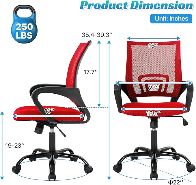 Ergonomic Office Chair Mesh Mid Back with Lumbar Support Armrest, Adjustable Home Desk Chair Comfy Computer Task Drafting Rolling Swivel Chairs for Gaming, Home Work, Study, Red
