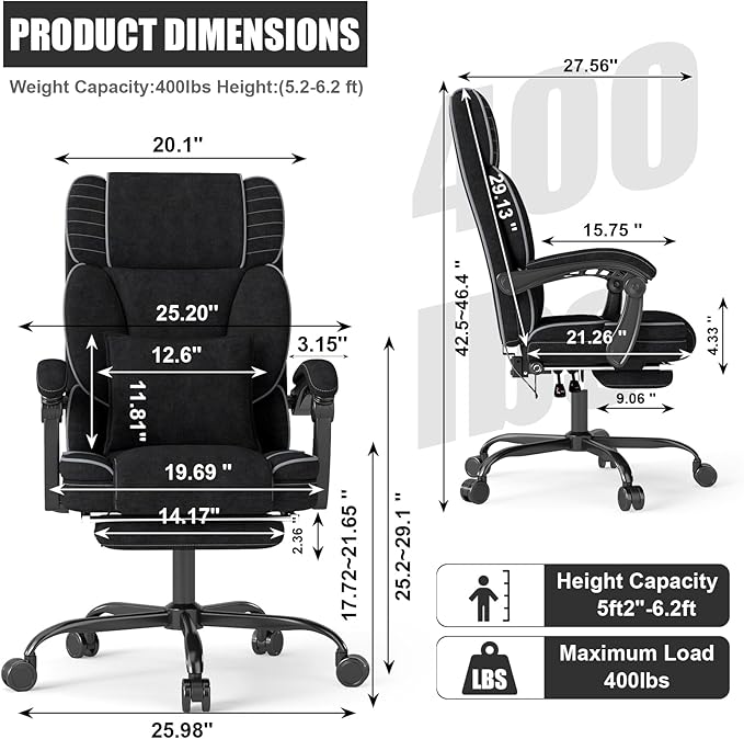 Executive Office Chair with Footrest, Ergonomic Reclining Computer Desk Chair with Adjustable Lumbar Support, 360° Swivel, Breathable Fabric, 400lbs Capacity for Home & Office