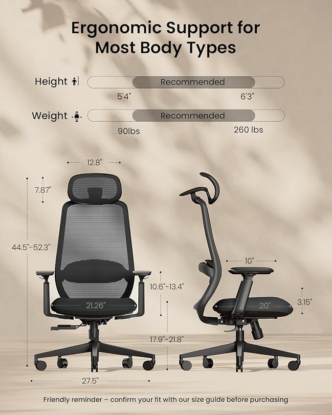 ProtoArc Ergonomic Office Chair – EC200 High-Back Mesh Computer Chair with Lumbar Support, 3D Adjustable Headrest & Sliding Seat for 8+ Hour Comfort, Big & Tall Home Office Desk Chairs - Black