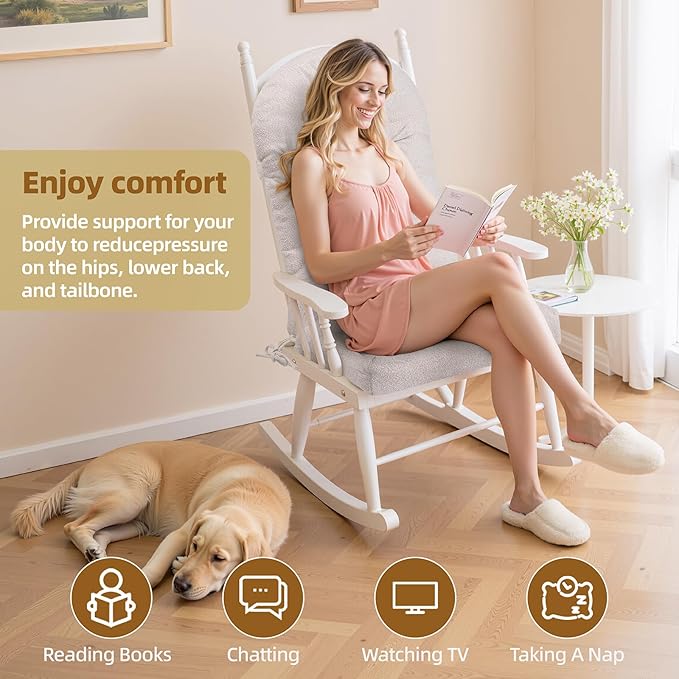 Rocking Chair Cushion - Lola Cotton-Linen Fabric, High-Density Sponge, Durable Comfort Non-Slip Bottom Tufted Seat Pads with Ties, Lola︱Ivory, 44x19x4 inch