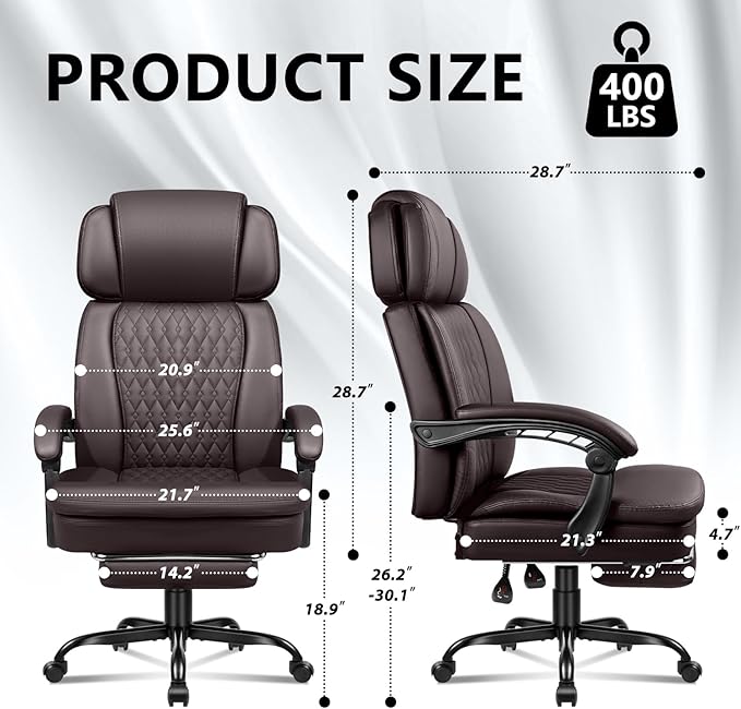 VENDORZe Office Desk Chair with Foot-Rest 400lbs, Heavy Duty Executive Office Chair, Comfy High Back Ergonomic PU Leather Desk Chair with Lumbar Support, Brown