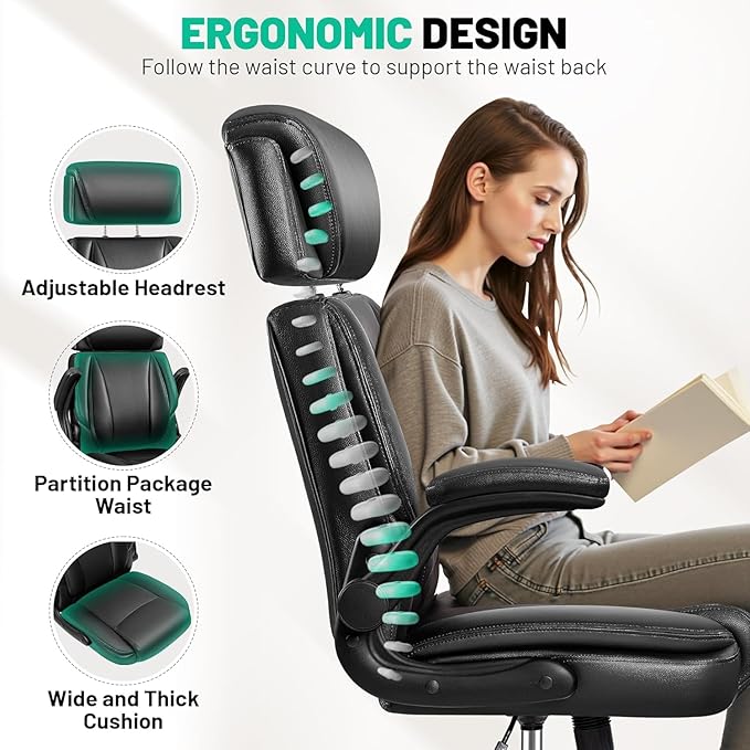 BestGlory Ergonomic Office Chair, PU Leather High Back Desk Chair with Adjustable Headrest and Padded Flip-Up Arms, Lumbar Support Computer Chair for Home Office Gaming, Black