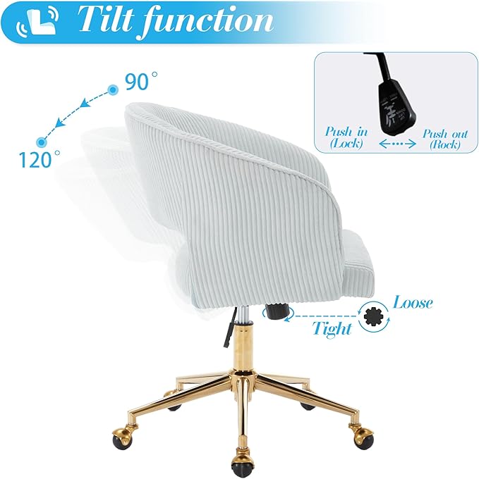 KCC Home Office Chair Swivel Desk Chair Accent Armchair Upholstered Modern Tufted Chairs with Gold Base for Girls Women Ergonomic Study Seat Computer Task Stools, with Wheels, Corduroy,Light Blue