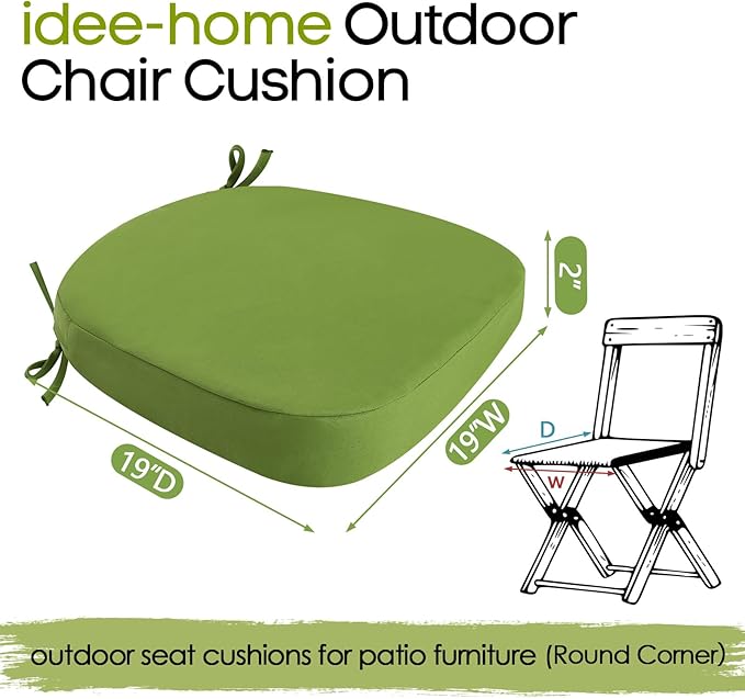 idee-home Outdoor Chair Cushions Set of 2, 19" x 19" Thick D-Shaped Patio Furniture Outdoor Seat Cushions Waterproof with Ties, Dining Pads