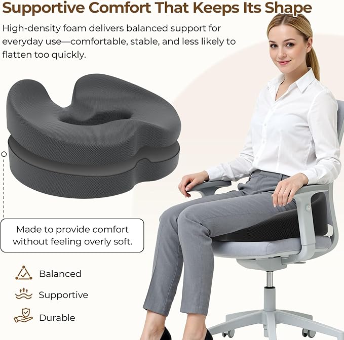 TushGuard Ergonomic Donut Pillow Seat Cushion with Raised Rear Support, Large Memory Foam Cushion for Tailbone, Hemorrhoids & Sciatica Relief, Office Chair, Car, Travel, Postpartum, Grey