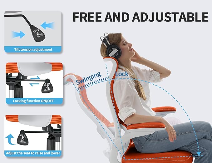 TRALT Ergonomic Office Chair - Desk Chair with Wave High Back Adjustable Lumbar Support Computer Chair - Gaming Chairs Mesh Backrest and PU Leather Seat for Home Reading Chairs to Adults (Orange)