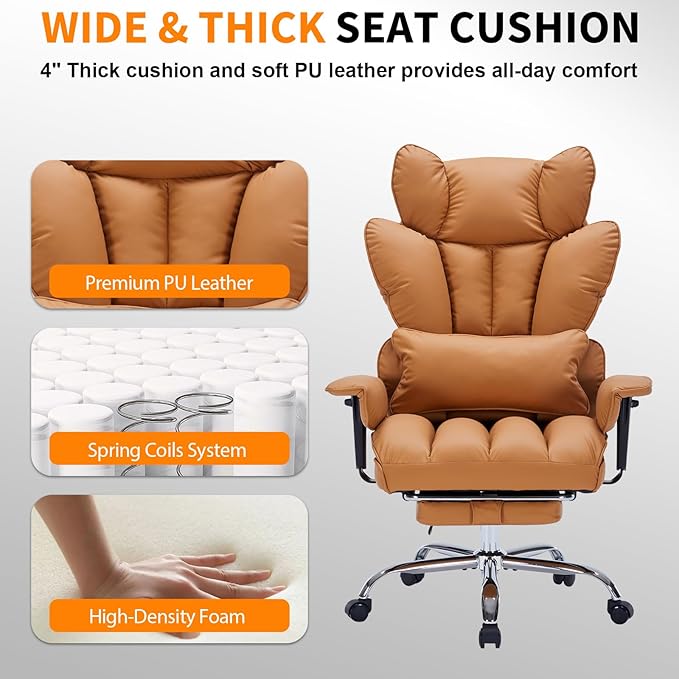Garvee Big and Tall Office Chair, Executive Leather Office Chair with Footrest, 400lbs Ergonomic Gaming Chair for Adults, Wide Seat Computer Desk Chair with Lumbar Support, 150 Degree Reclining, Brown