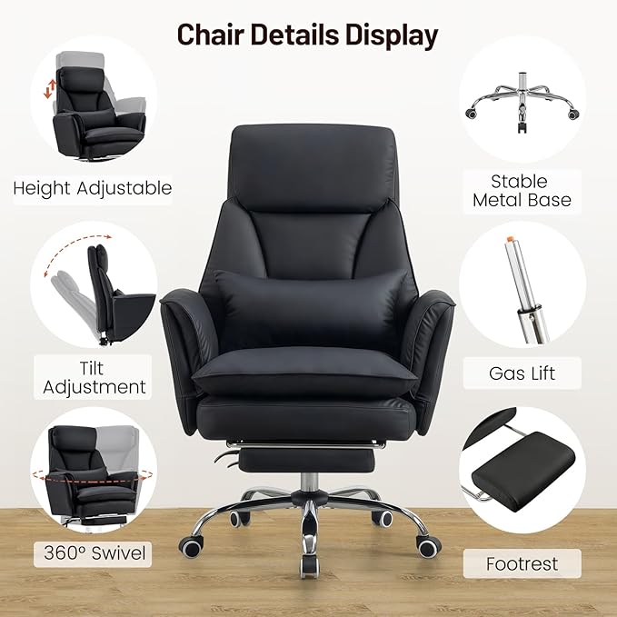 Furniliving Big and Tall Office Chair, Ergonomic Computer Desk Chair with Footrest, Wide Seat Reclining Gaming Chair, Flip Armrests for Cross Legged Sitting, Heavy Duty Support up to 400LBS, PU, Black