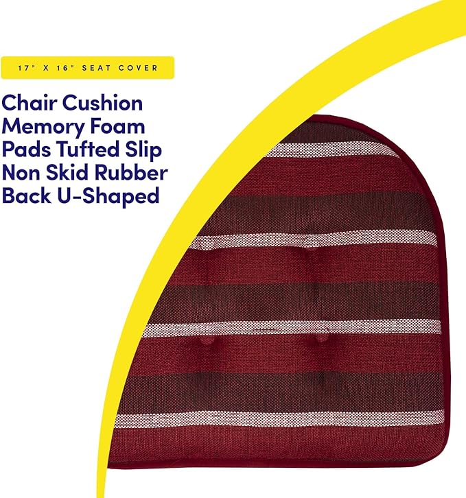 Sweet Home Collection Chair Cushion Memory Foam Pads Tufted Slip Non Skid Rubber Back U-Shaped 17" x 16" Seat Cover, 4 Count (Pack of 1), Bradford Burgundy