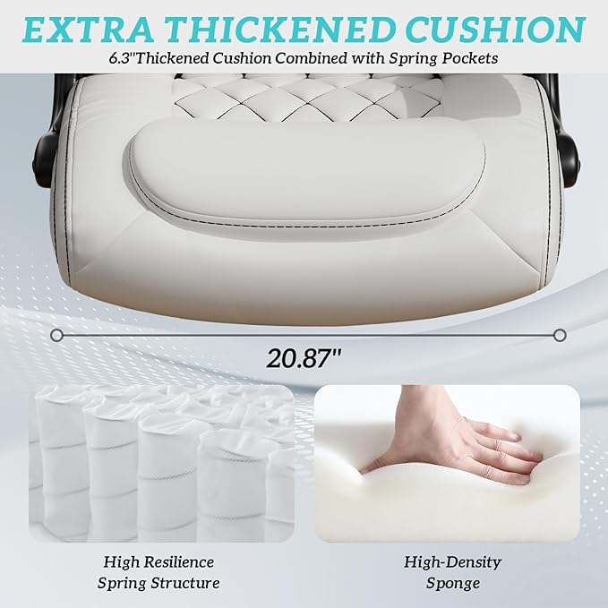 GYI Office Chair, Ergonomic Computer Desk Chair, Leather Executive Office Chair with High Back, Lumbar Support, Flip-up Arms, Wide and Thick Padded Seat, Heavy Duty Base, Rubber Wheels, White