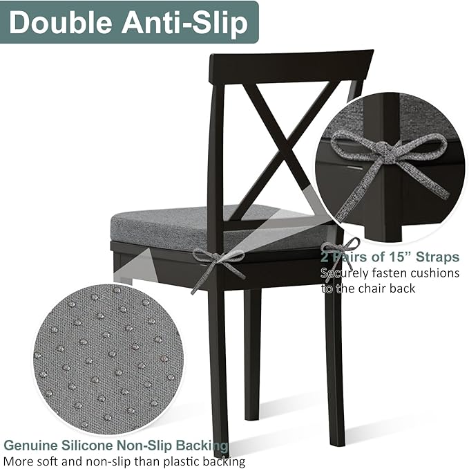 Shinnwa Kitchen Chair Cushions Set of 4, Patented Design Memory Foam Dining Chair Pads with Ties and Washable Cover, 4 Pack, 17" x 16" x 2", Dark Grey