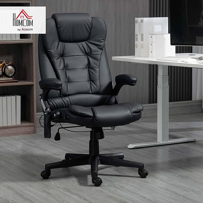 HOMCOM High Back Vibration Massage Office Chair with 6 Vibration Points, Heated Reclining PU Leather Computer Chair with Armrest and Remote, Black
