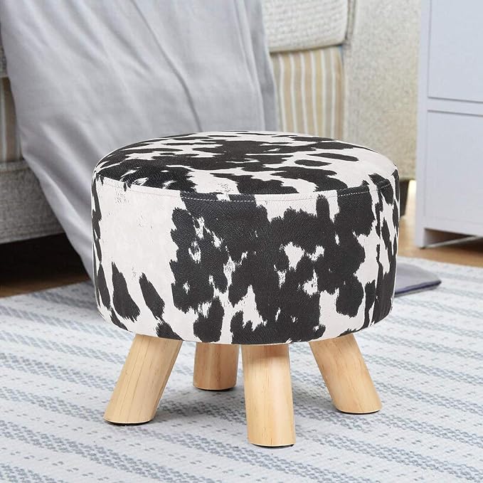 Homebeez Small Round Ottoman Foot Stool Rest with Non-Skid Legs (Black Cow)