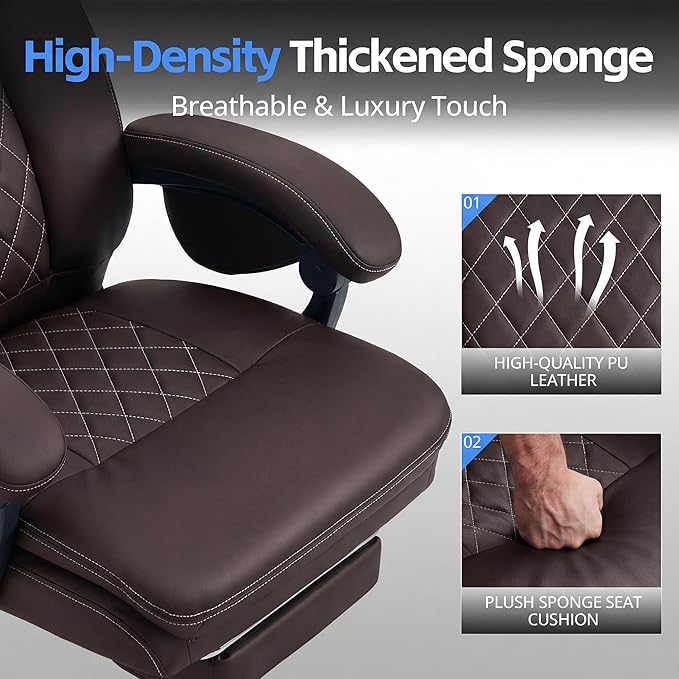 Ergonomic Executive Office Chair - Big and Tall Home Comfy Desk Gaming Chair for Adults, Heavy Duty Leather Reclining Wide Computer Chair with Foot Rest and Back Support (Brown)