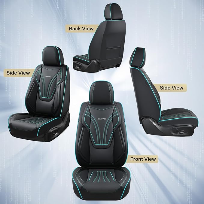 Coverado Car Seat Covers Full Set, 5 Piece Car Seat Protector with Lumbar Support & Removable Headrest, Breathable Leather Front Rear Seat Cushion Universal Fit for Truck Automotive Black & Blue
