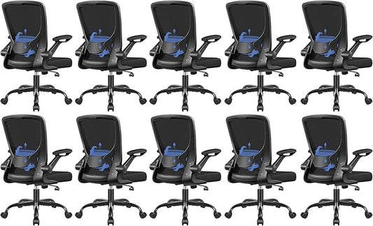 BESTFAIR Ergonomic Office Chair, Mesh Computer Desk Chairs with Lumbar Support, Swivel Desk Chair with Flip-up Arms and Adjustable Height, Black, 10-Pack