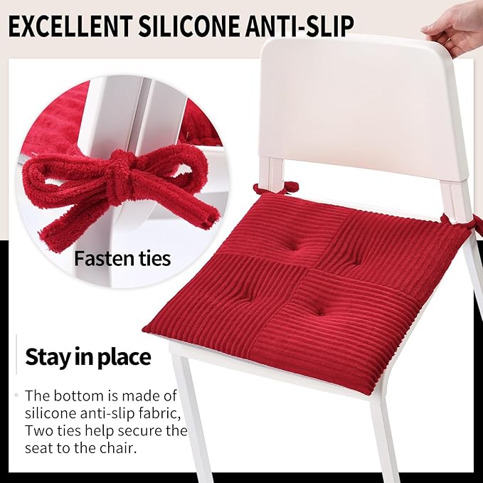 Office Stacking Chair Cushion with Ties, Corduroy High Density Foam Non-Slip Kitchen Seat Cushion, Square 17" x 17" Indoor Dining Chair Pads, Red, 1 PCS