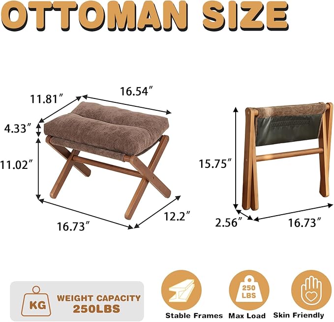 Baveke Ottoman Foot Rest- Bamboo Foldable Stool, Foot Stools Small Ottman with Upholstered & X Legs, Folding Stool for Makeup, Bedroom and Living Room (Small Brown)