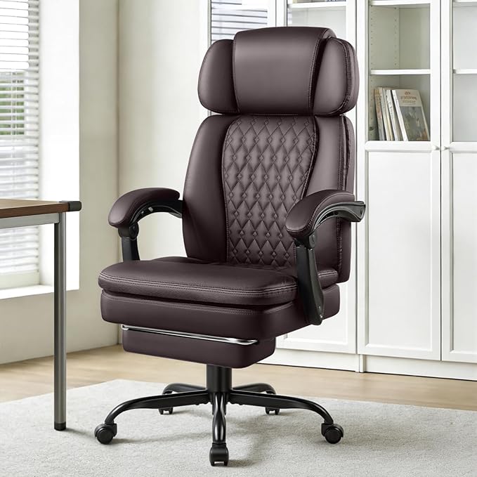 VENDORZe Office Desk Chair with Foot-Rest 400lbs, Heavy Duty Executive Office Chair, Comfy High Back Ergonomic PU Leather Desk Chair with Lumbar Support, Brown